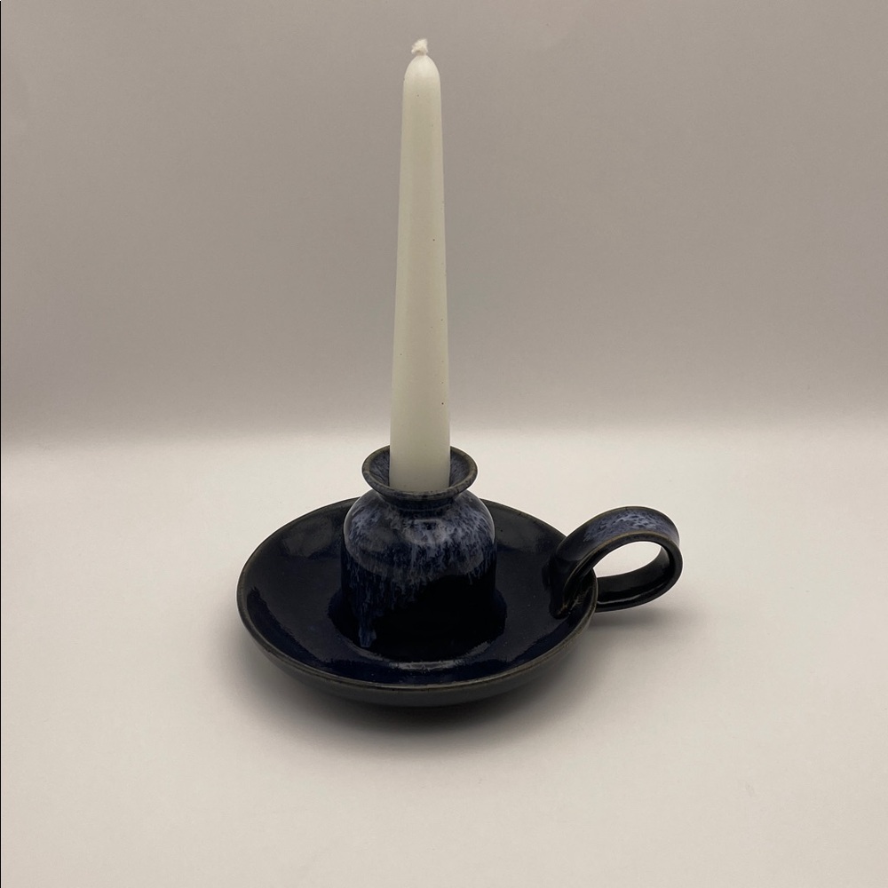Handmade, Glazed Pottery, Candleholder with Handle
Navy Blue/Lt. Blue Drip Glaze